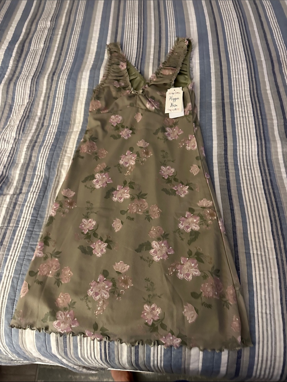 Hippie Rose Olive Green Floral Slip Dress with Pink Flowers